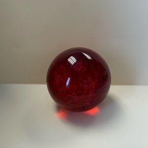 Vintage Red Art Glass Paperweight with Controlled Bubbles.